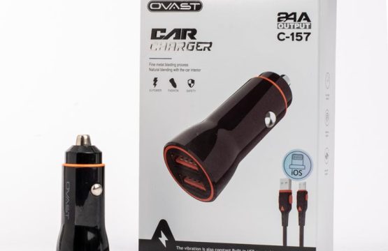 شاحن سياره 2منافذ مع كيبل ايفون C-157 OVAST