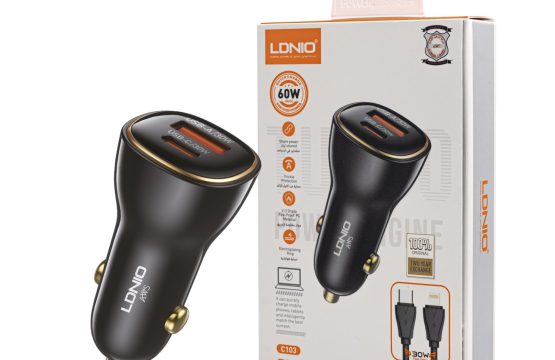 شاحن سيارة سريع 60 واط مع منافذ USB و PD وكابل مجاني عالي الجودة LDNIO
